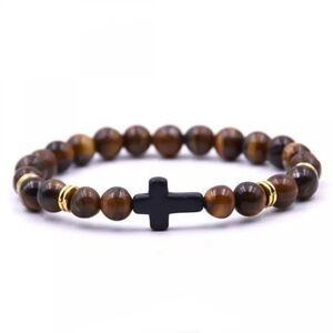 MENS Stretch Tigers Eye Beads w/ Black Onyx CROSS